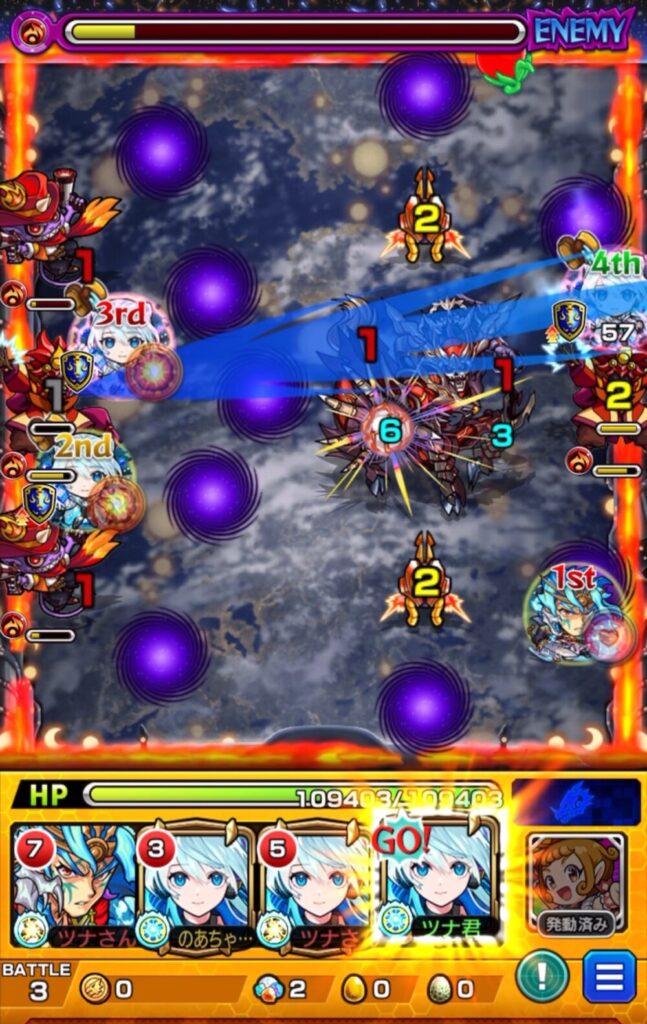 ステージ3の4手目。4PネオのSSを使用し、直殴りと友情コンボでガンマンとデスアークを処理してステージ3を突破した場面。