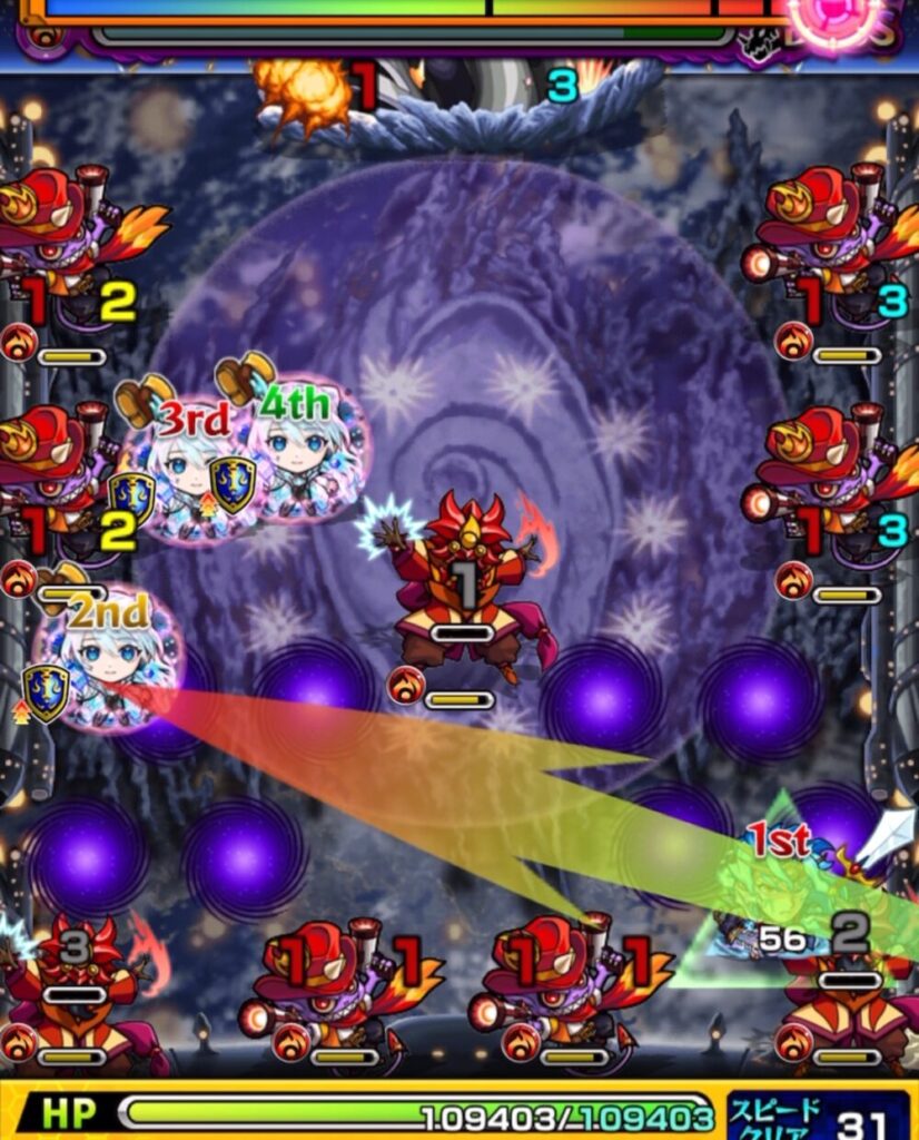 ボスステージ1の1手目。スサノオでネオ3体にふれ、直殴りと友情コンボでガンマンにダメージを与えている場面。