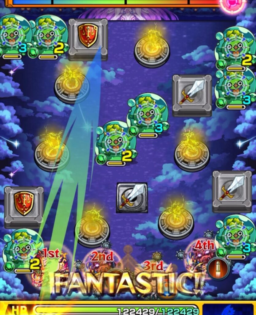 ステージ1の1手目でフリーの剣パネルを踏み、剣バニッシュボックスに触れながらぷよリンを処理している場面