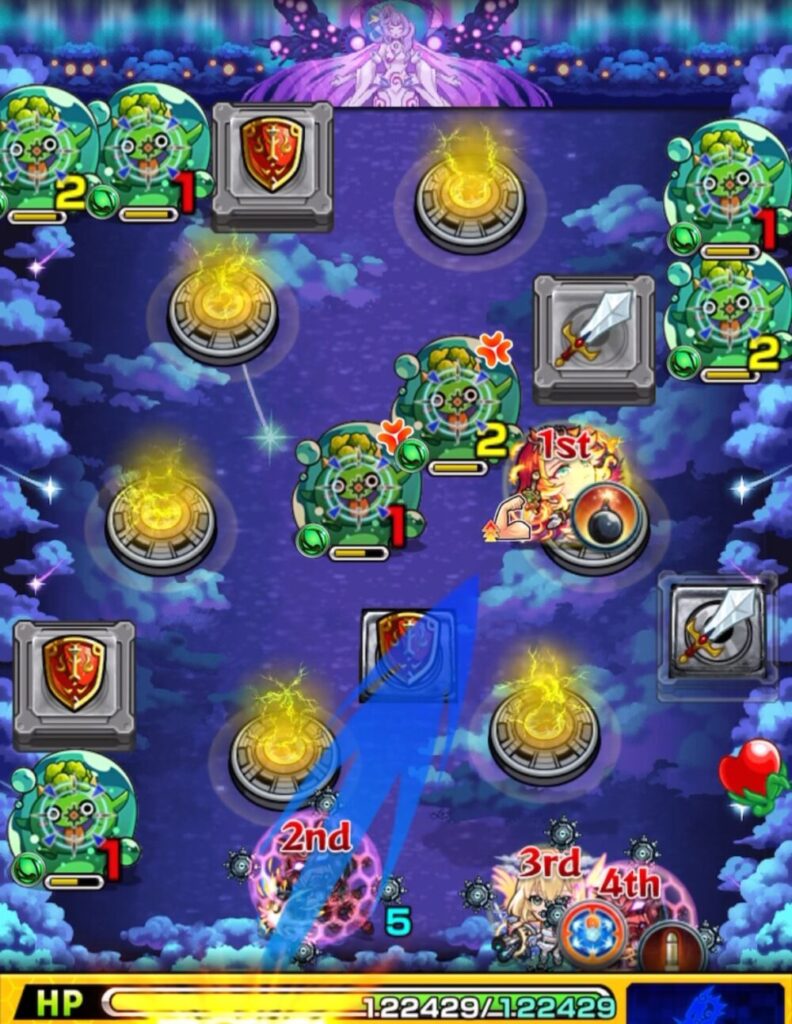 ステージ1の2手目で盾パネルと剣パネルを踏み、攻撃ターン1のぷよリン中央2体を処理している場面