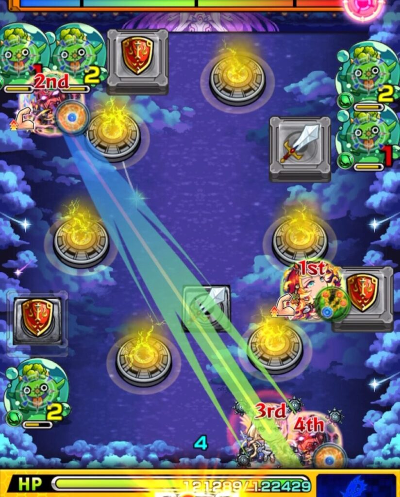 ステージ1の3手目で剣パネルを踏み右上のぷよリン2体を攻撃するも、右下の盾パネルを踏めず失敗した場面