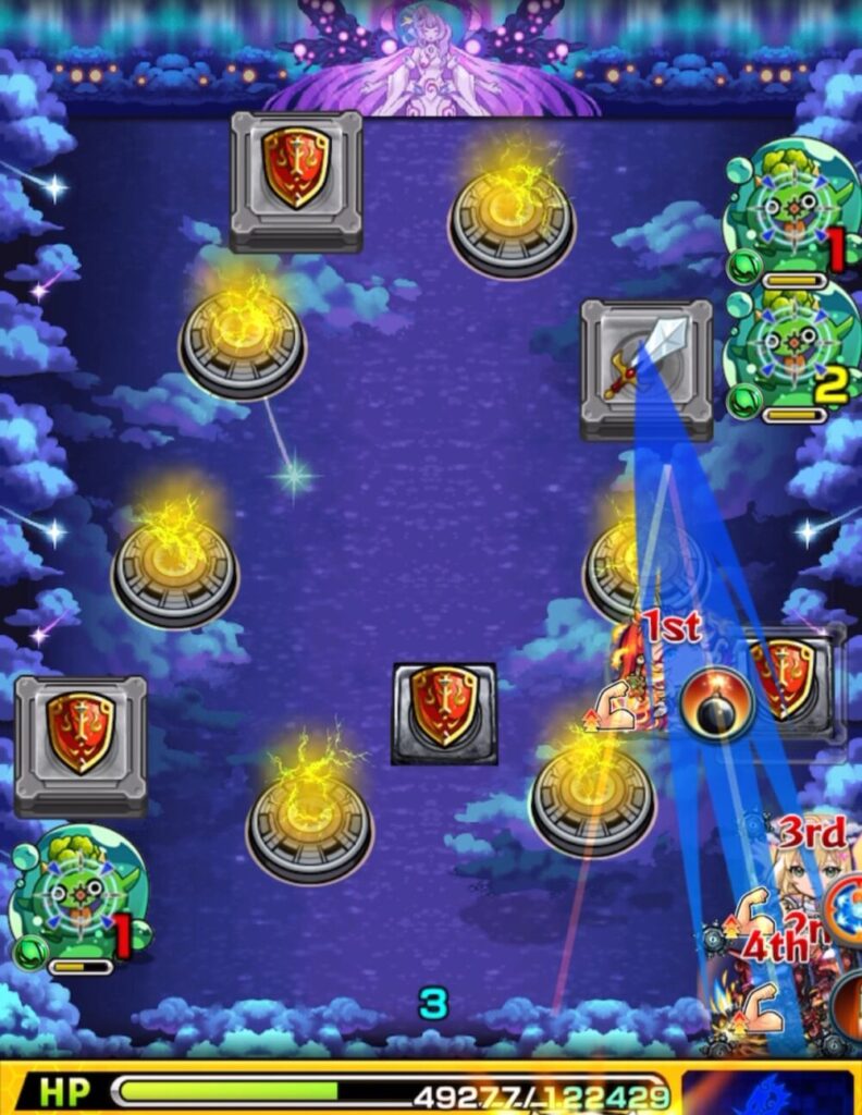 ステージ1の4手目でフリーの盾パネルを踏み、被ダメージを抑えながら右上のぷよリン1体を処理した場面