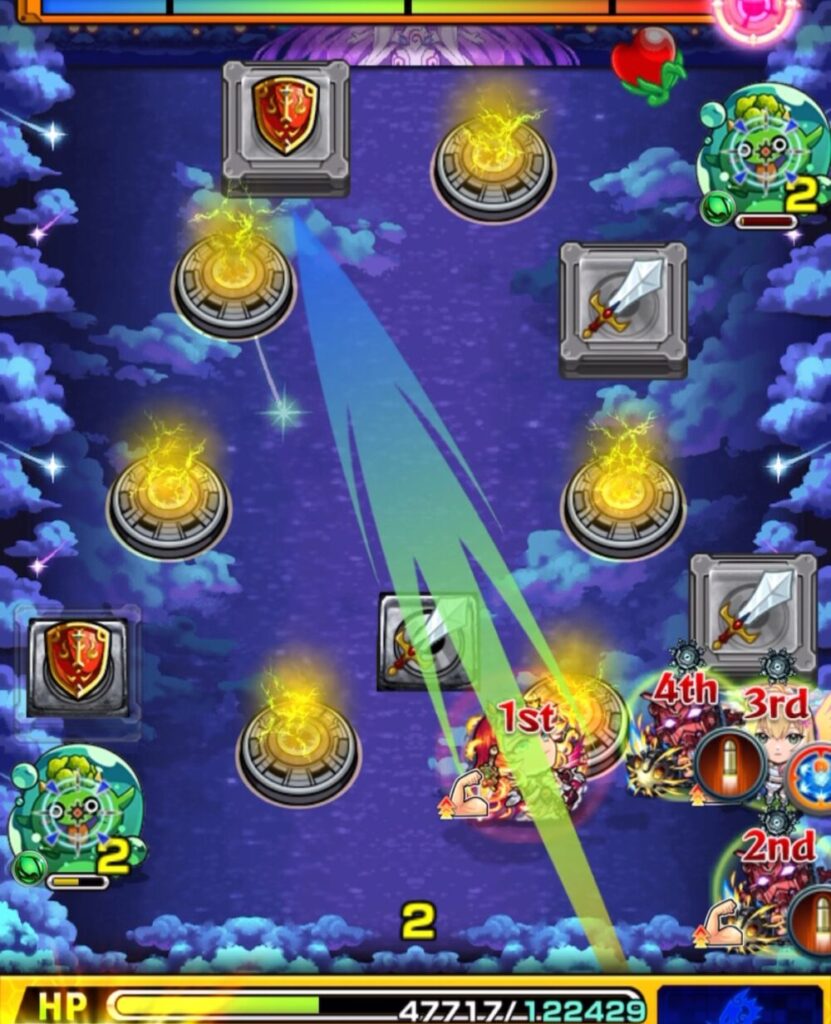 ステージ1の5手目でフリーの剣パネルと盾パネルを回収し、ぷよリン2体を処理してステージ1を突破した場面