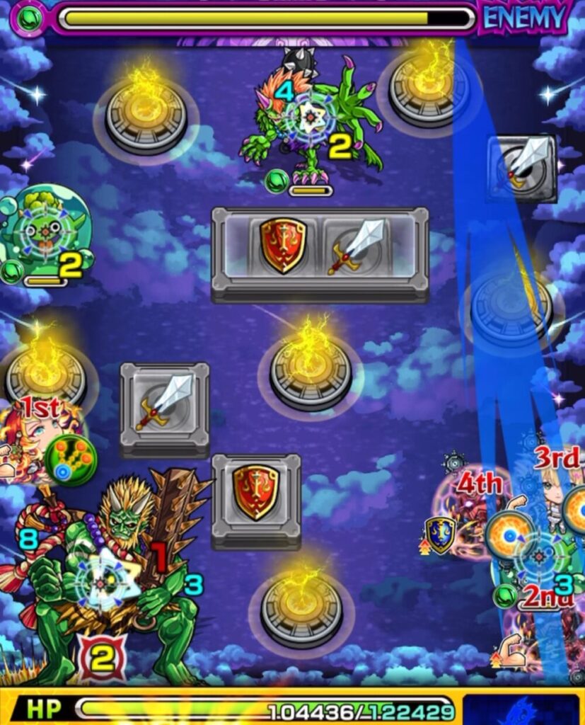 ステージ2の1手目でフリーの剣パネルを踏み、強攻撃前に上側の鬼を処理し、上のバニッシュボックスに触れている場面