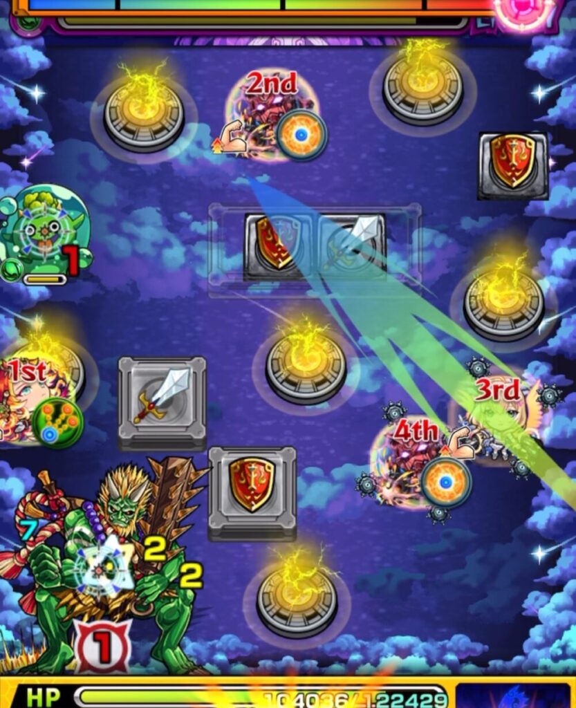 ステージ2の2手目でバニッシュボックスの剣と盾を回収し、ぷよリンを処理しながら鬼にダメージを与えている場面