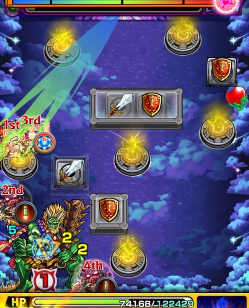 ステージ2の4手目でフリーの盾パネルを踏み、強攻撃直前の大きい鬼を安全に処理してステージ2を突破した場面