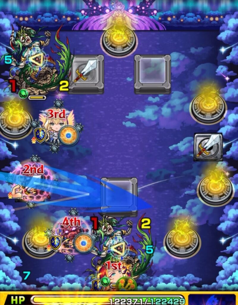 ステージ3の1手目で下側のヴリトラを処理し、相互蘇生後に2体の弱点が重なる状態を作った場面