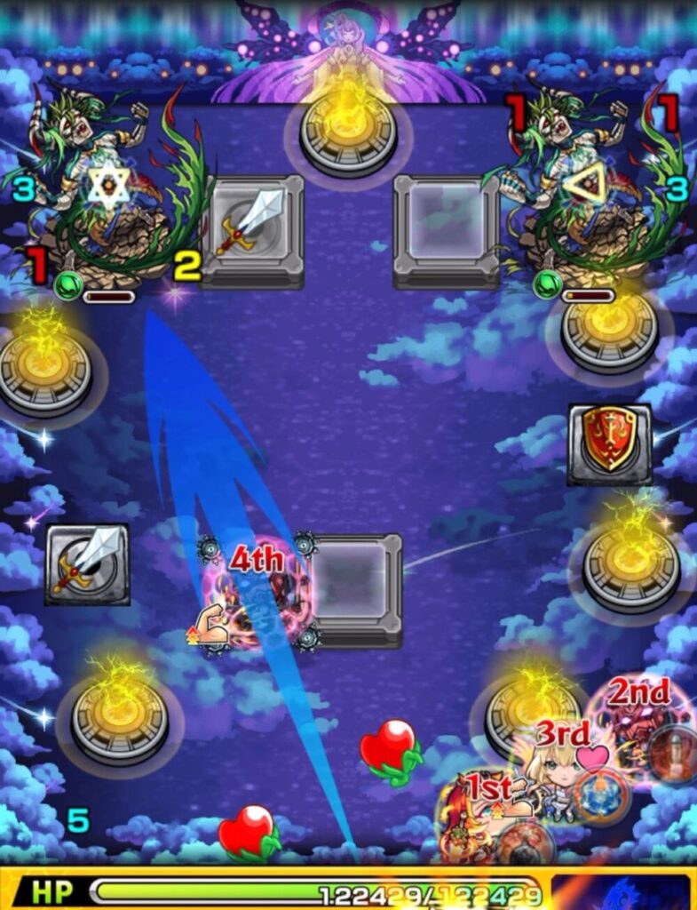 ステージ3の3手目で攻撃力アップ状態の3Pがヴリトラの弱点を攻撃し、2体を同時処理した場面