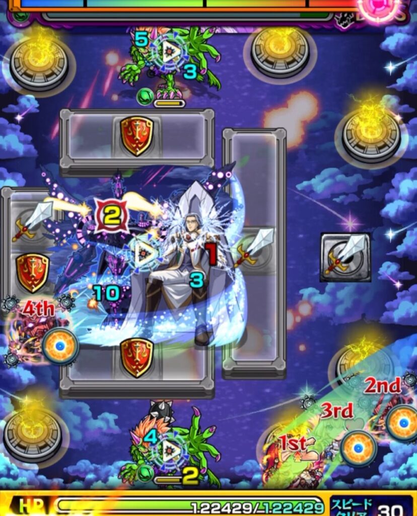 ボスステージ1の1手目で剣パネルを踏み、上下の鬼2体を処理した場面