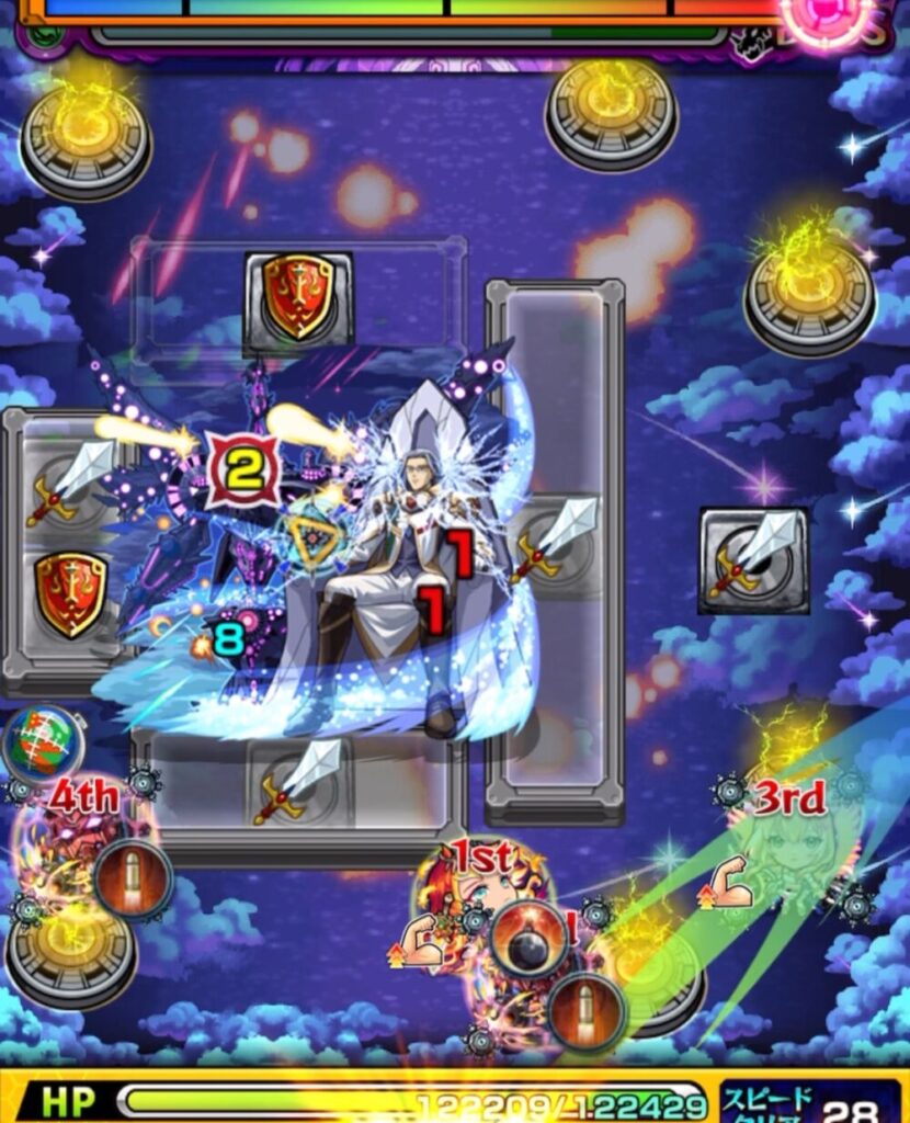 ボスステージ1の3手目で剣パネルと盾パネルを踏み分け、攻守を両立しながらボスを攻撃する場面