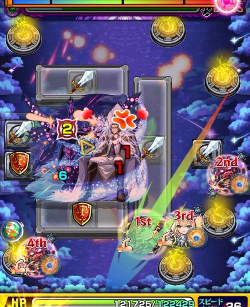 ボスステージ1の5手目でバニッシュボックスの剣と盾を同時に発生させ、ボスを撃破する場面