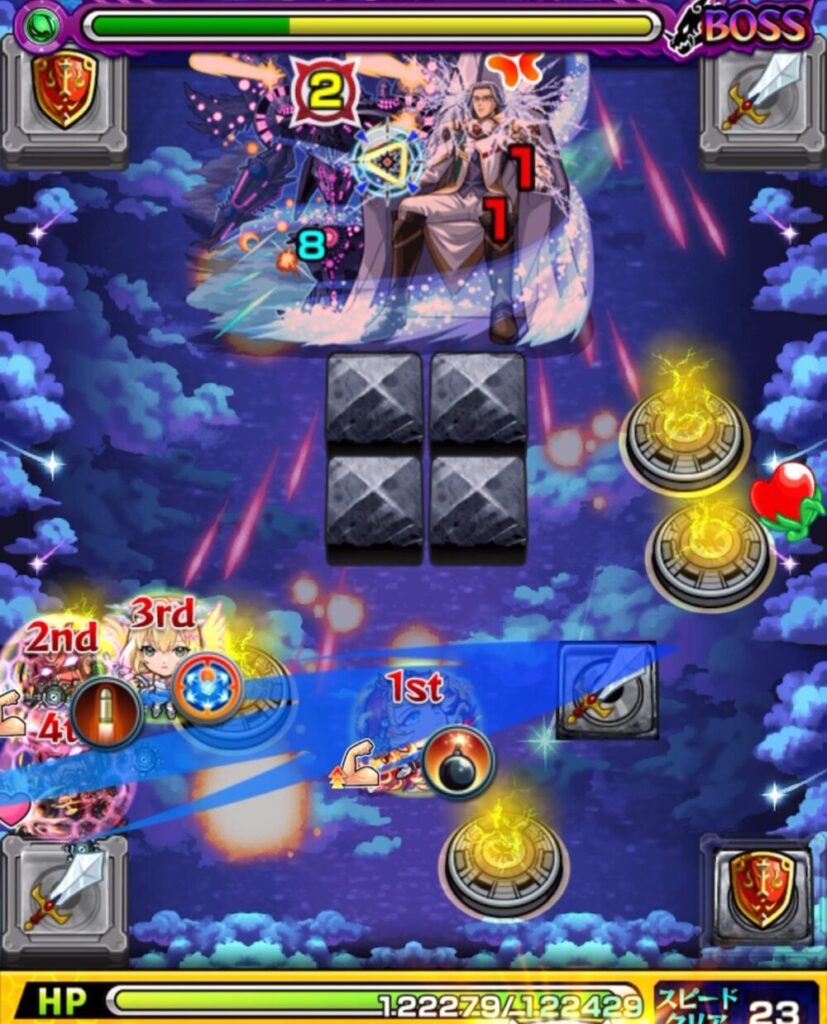 ボスステージ2の3手目で剣パネルを踏み、ボスを撃破する場面