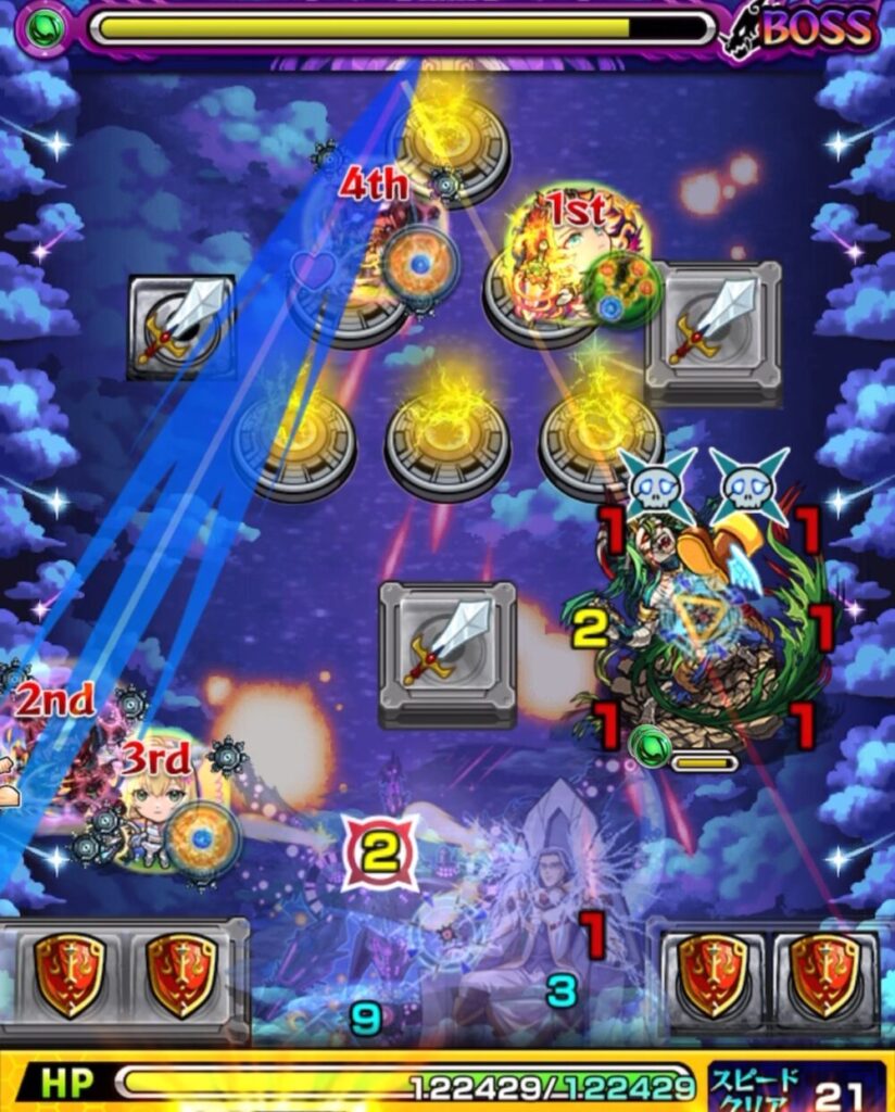 攻撃力アップ状態で重なったヴリトラの弱点を攻撃し、同時処理に成功する場面