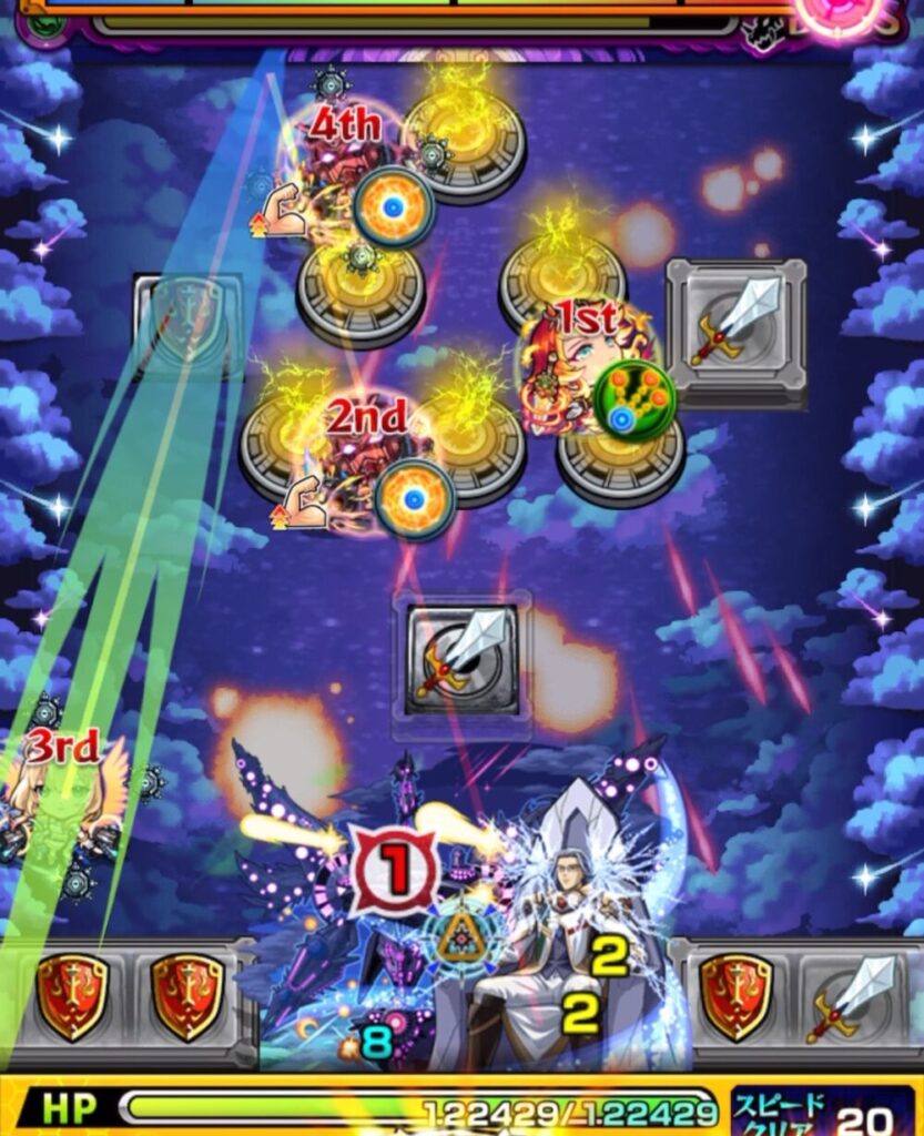 ボスステージ3で盾パネルを踏んで強攻撃に備えつつ、剣パネルでボスを攻撃する場面