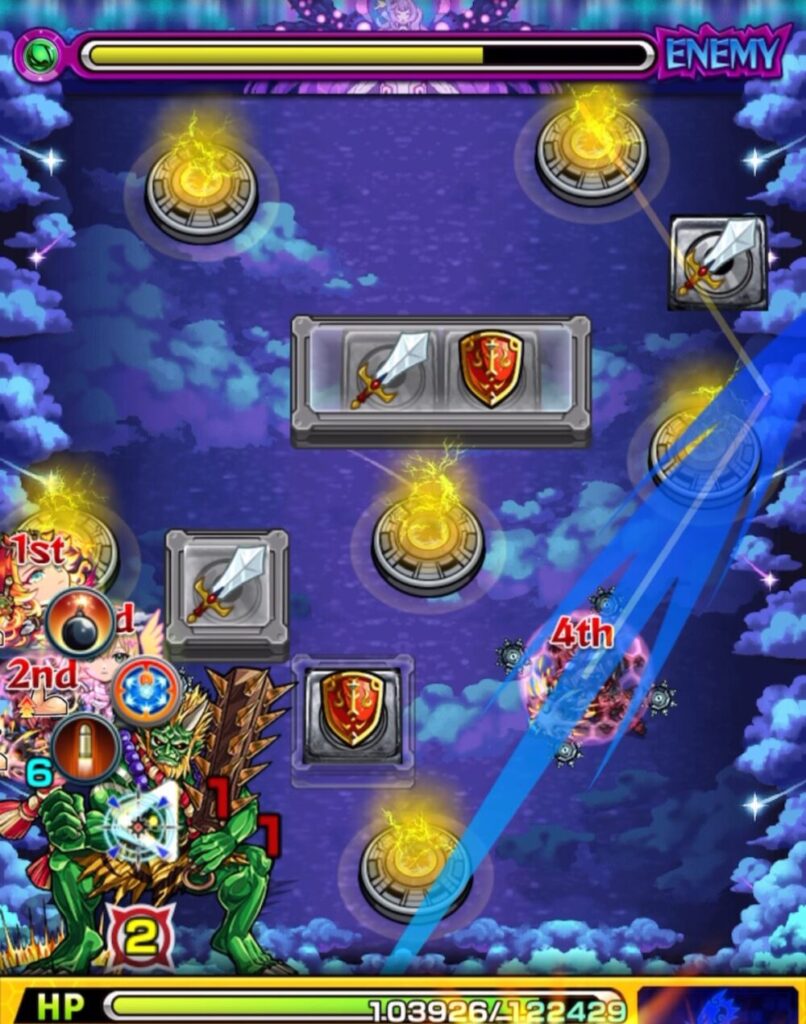 ステージ2の3手目でフリーの剣パネルを踏み、強攻撃まで残り2の大きい鬼にダメージを与えている場面