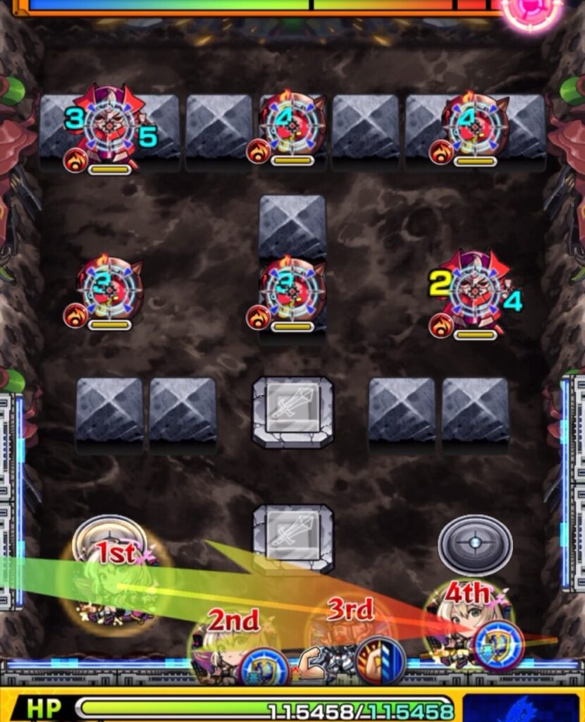 ステージ1・1手目、エルのショットスキルで味方を動かしパワースイッチLv.2を揃えて下段のかちリン2体を処理した場面