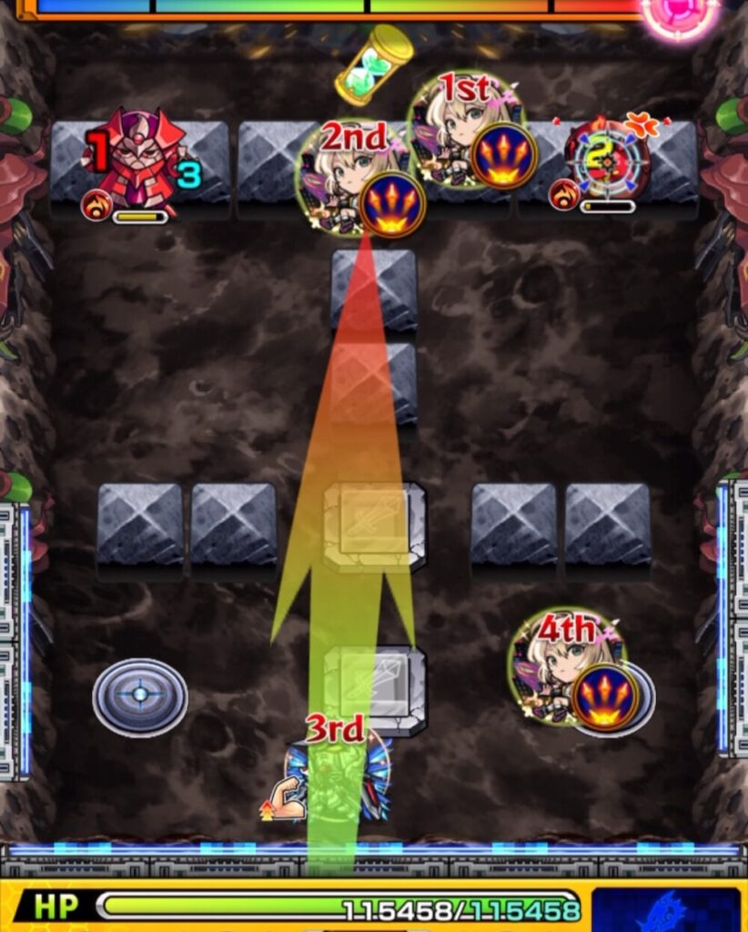 ステージ1の3手目でパワースイッチLv2を揃え、右側のかちリンを処理する場面