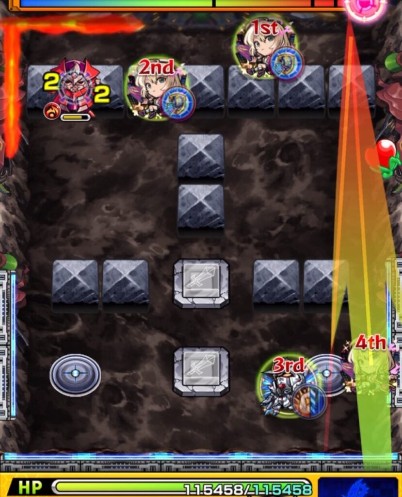 ステージ1の4手目で縦方向に弾き、パワースイッチLv.2を維持しながらショットスキルで同時攻撃を狙った場面