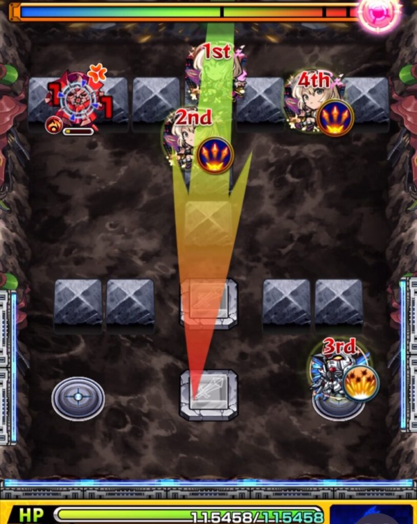 ステージ1の5手目でパワースイッチLv.2を維持し、ダメージウォールロボを同時処理して突破する場面