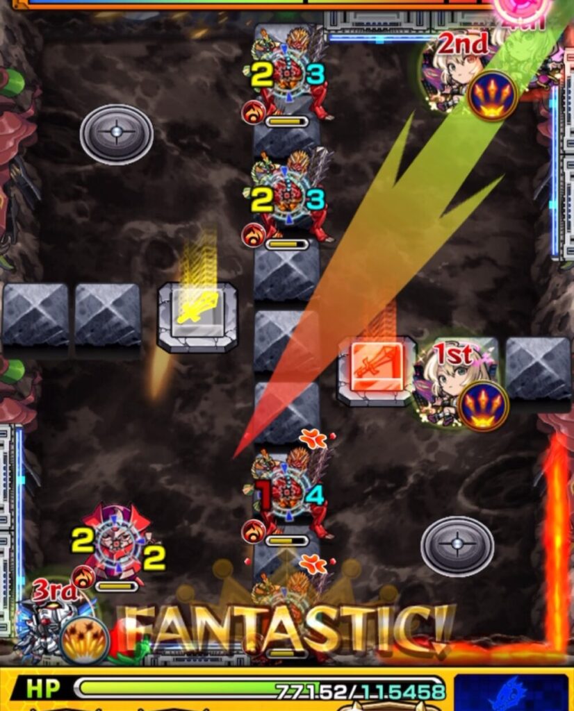 ステージ2の3手目でパワースイッチLv2を揃え、鬼の間に挟まって処理する場面