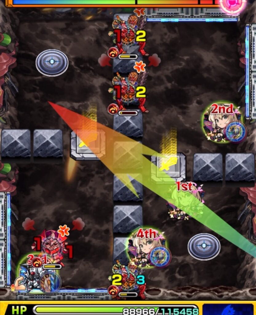 ステージ2の4手目でパワースイッチLv2を揃え、ショットスキルを使って上の鬼2体を同時処理する場面