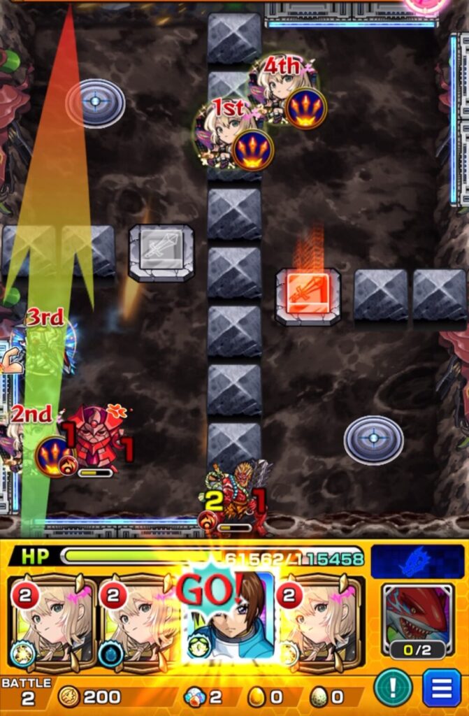 ステージ2の最終手でキラ・ヤマトのショットスキルを使用し、パワースイッチLv2で鬼とダメージウォールロボを処理する場面