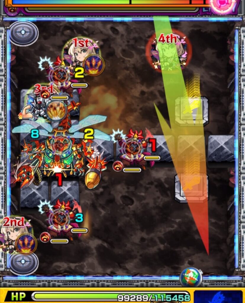 ステージ3の初手でパワースイッチLv2を揃え、魔導士のゲージ攻撃を止めつつ中ボスに大ダメージを与える場面