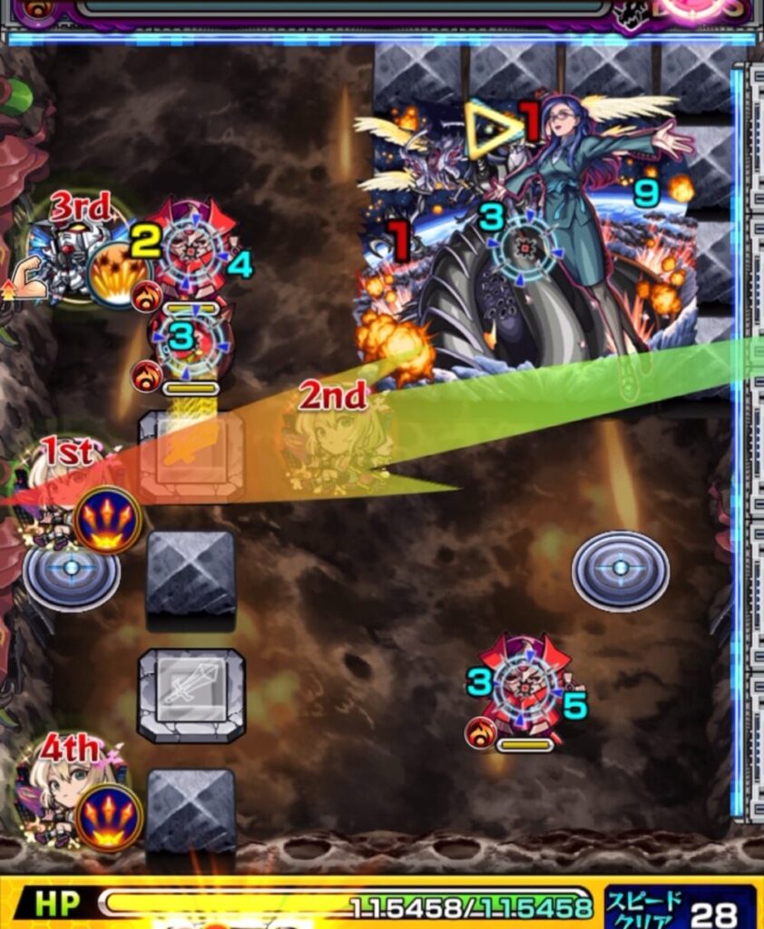 ボスステージ1の初手でパワースイッチLv2を狙うも揃えられず、ボスへの攻撃が不十分だった場面