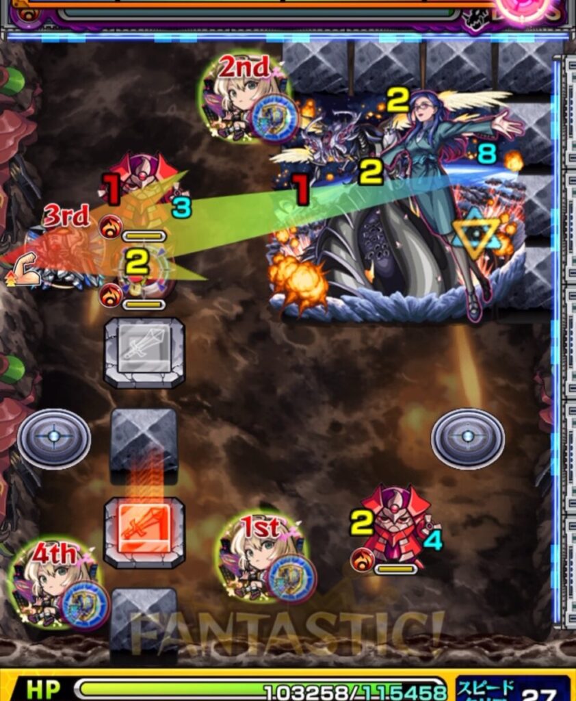 ボスステージ1の2手目でパワースイッチLv2を揃えられず、ボスへのダメージが通らなかった場面