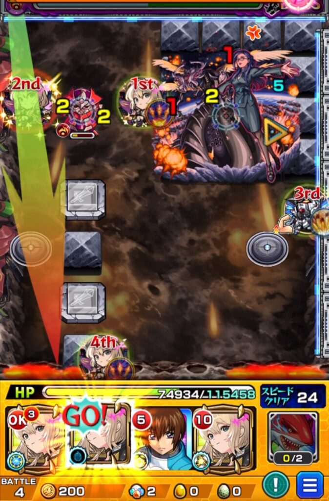 ボスステージ1の5手目でパワースイッチLv2を揃え、ボスの弱点を攻撃して撃破する場面