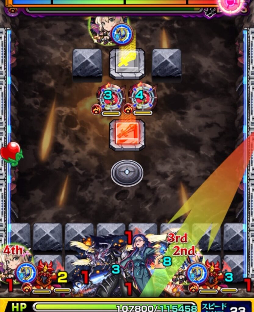 ボスステージ2の1手目でパワースイッチをLv2に揃え、かちリンと魔導士を攻撃してゲージを切る場面