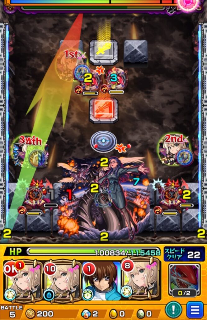 ボスステージ2の2手目でパワースイッチLv2を揃え、かちリン2体を処理しつつ魔導士のゲージ攻撃を切った場面