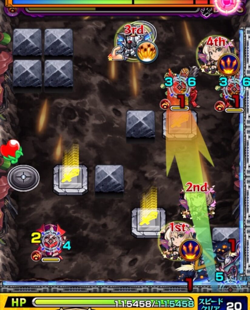 ボスステージ3の初手でパワースイッチLv2を揃えられず、鬼とダメージウォールロボへの攻撃が不十分になった場面