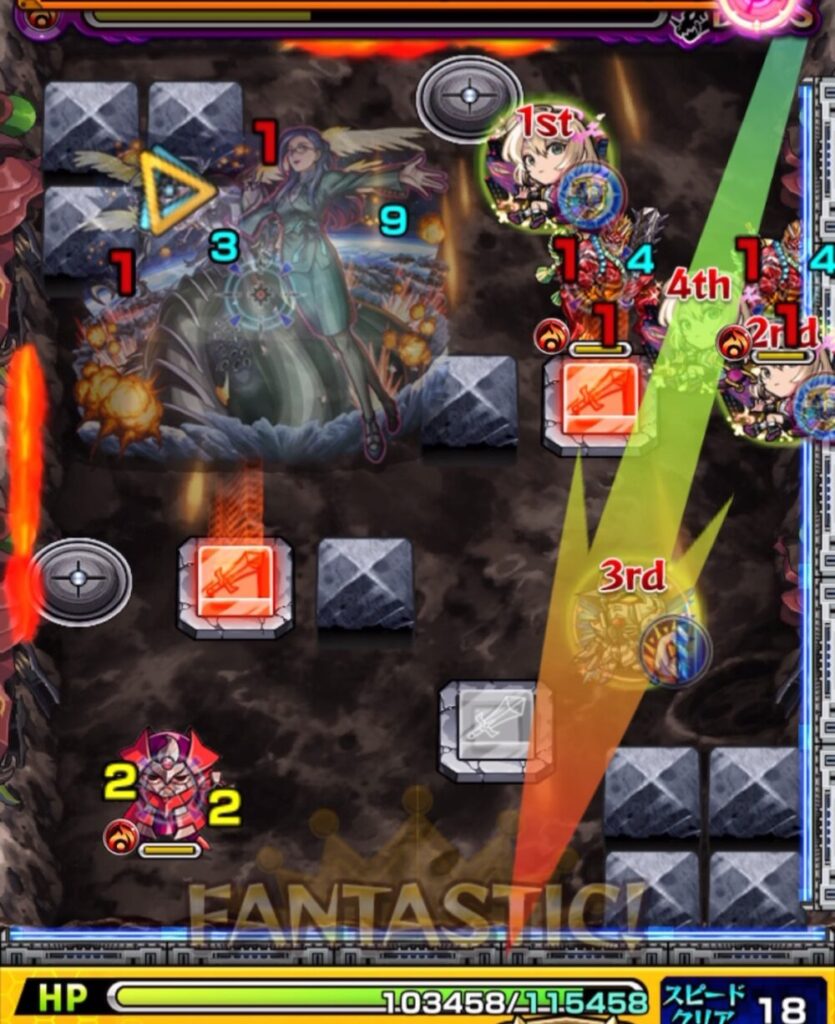 ボスステージ3の3手目でパワースイッチをLv2に揃えようとするも、手前のスイッチを踏んで失敗した場面