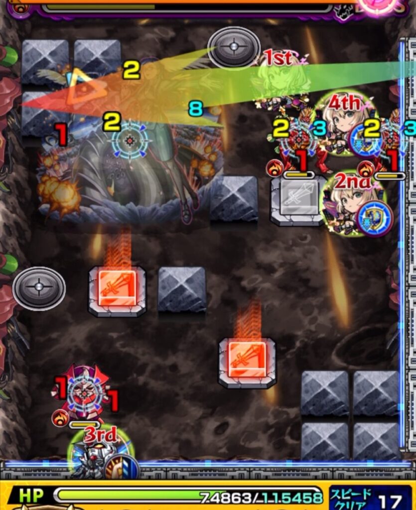 ボスステージ3の4手目でパワースイッチLv2を揃え、鬼2体を同時処理してボスを実体化させた場面