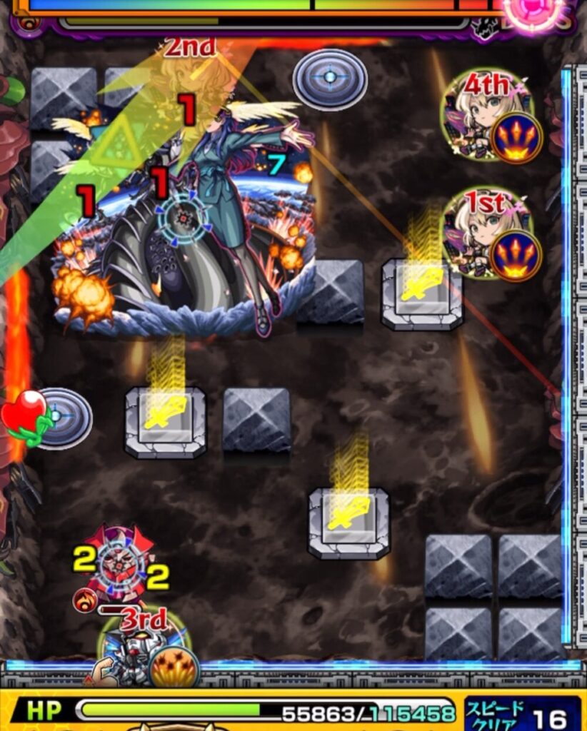 ボスステージ3の5手目でパワースイッチLv2を揃え、ボスを攻撃するが十分なダメージを与えられなかった場面