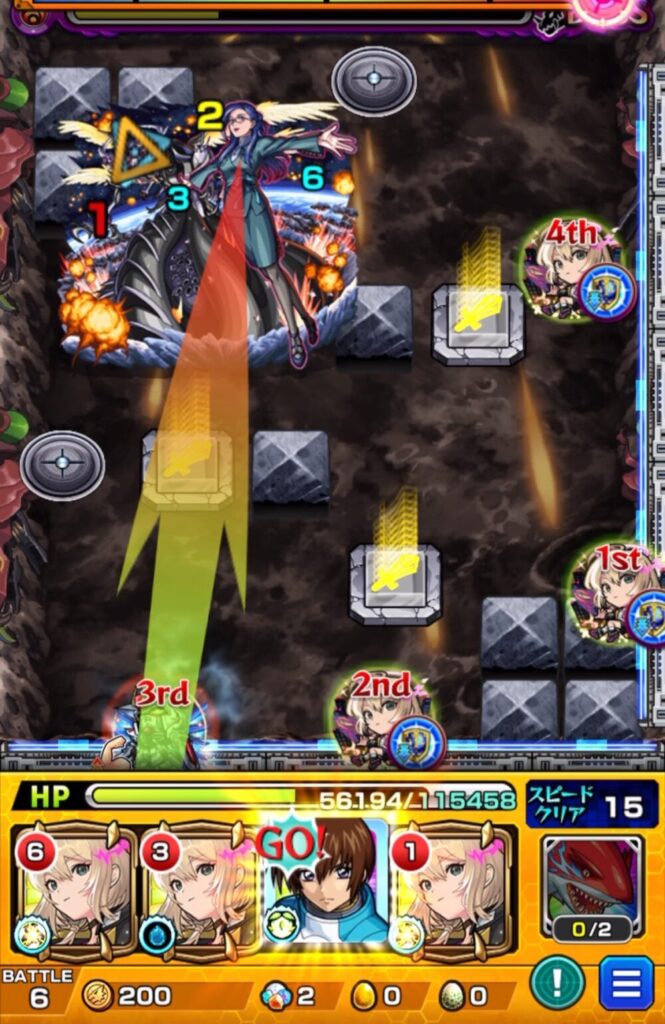 ボスステージ3の6手目でキラ・ヤマトのSSを使用し、Lv2パワースイッチ状態でボスに大ダメージを与える場面