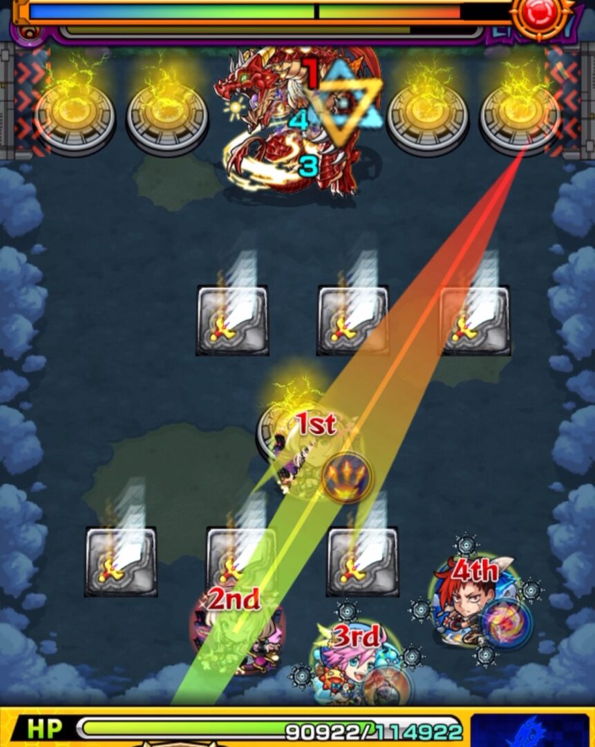 ステージ1の2手目で剣パネルを踏み、弱点側のベクトルウォールを使ってバハムートを友情と直殴りで処理している場面