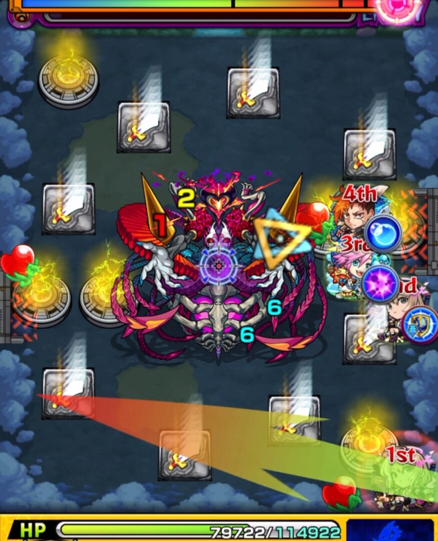 ステージ3の4手目で剣パネルを踏み、ベクトルウォール経由でシュリンガーラの弱点を攻撃してHPを削り切り、ステージ3を突破している場面