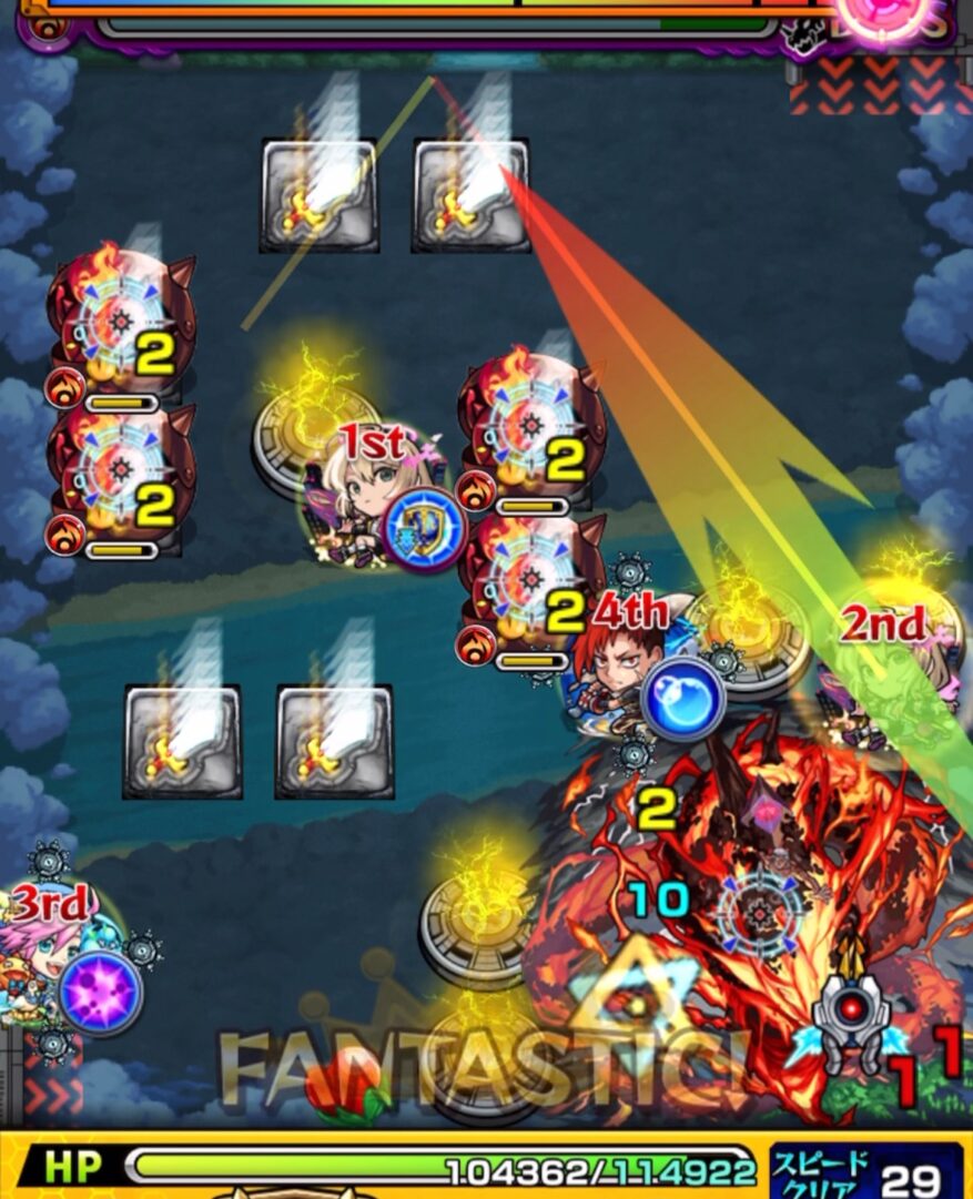 ボスステージ1の1手目で剣パネルを4枚踏み、かちリン4体を処理したあと、左下のベクトルウォールを使ってボスの弱点を攻撃し、HPを削り切って突破している場面