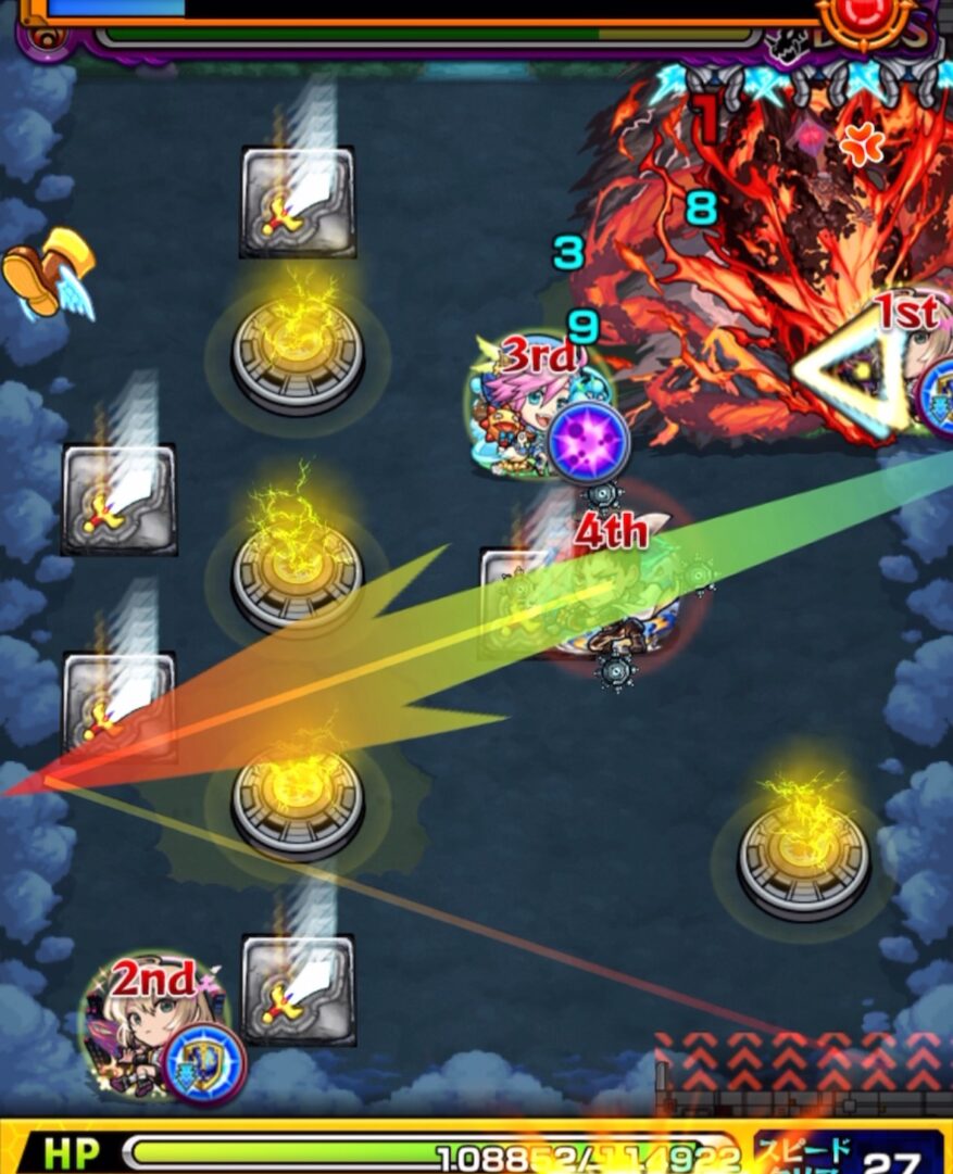 ボスステージ2の2手目で剣パネルを2枚踏み、ベクトルウォールを使ってボスの弱点を攻撃し、ダメージを与えている場面