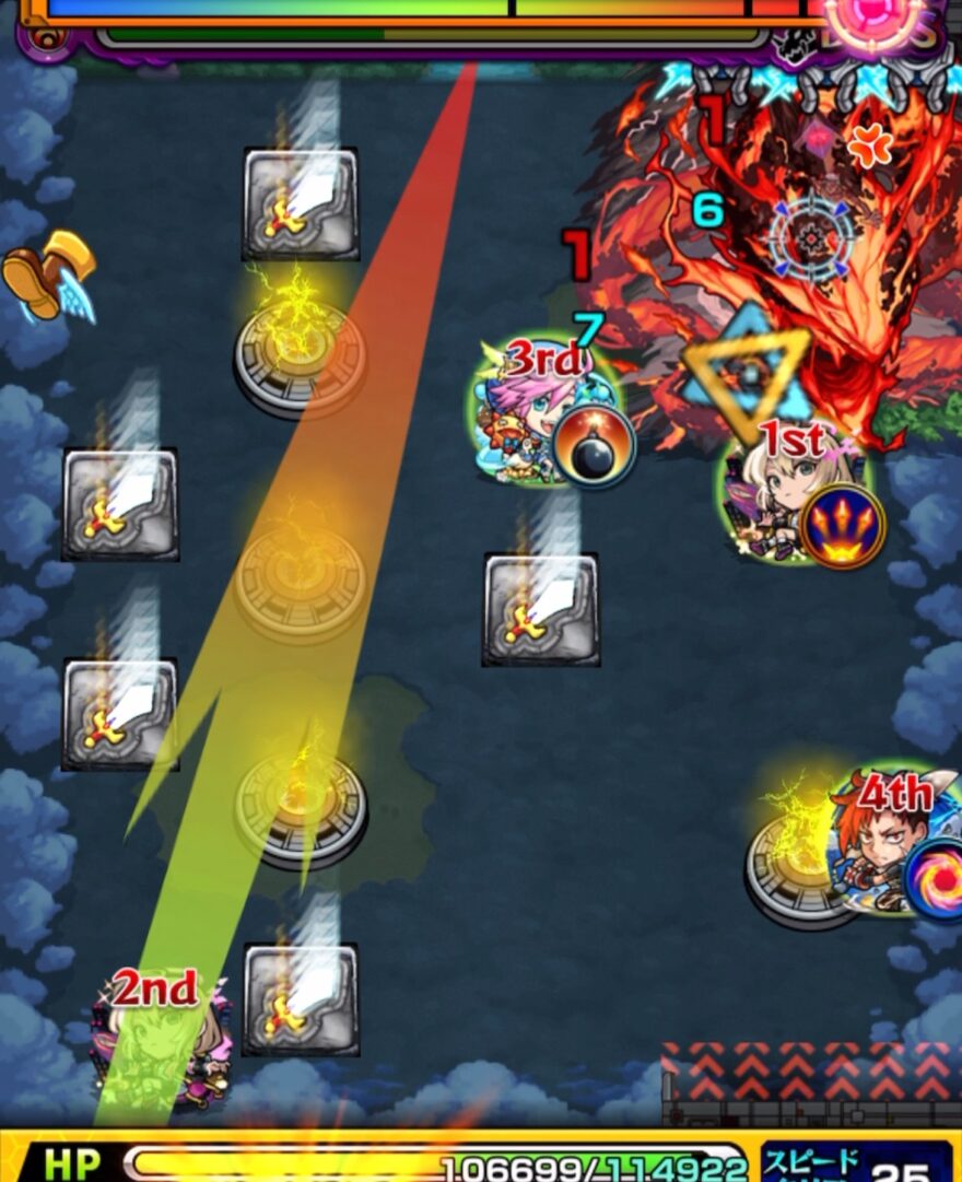 ボスステージ2の4手目で剣パネルを踏み、ベクトルウォールを使ってボスの弱点を攻撃し、大ダメージを与えている場面