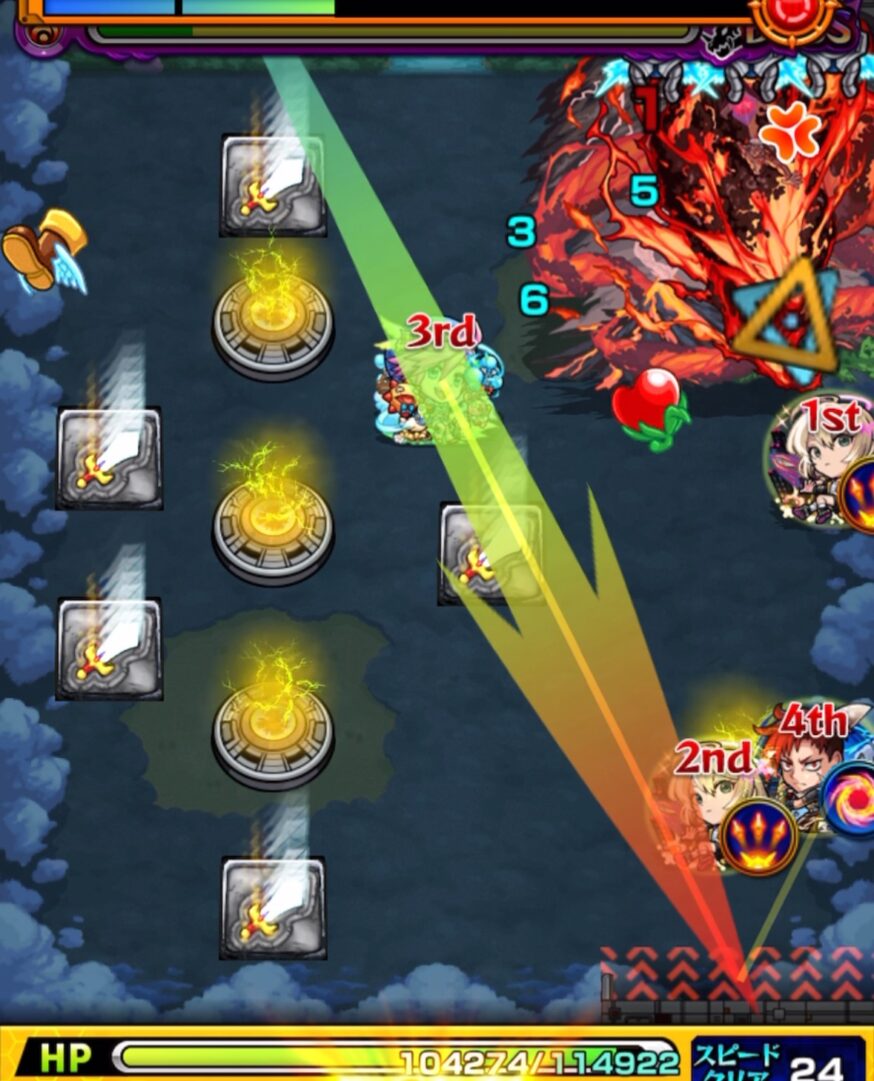 ボスステージ2の5手目で剣パネルを踏み、ベクトルウォール経由でボスの弱点を攻撃してHPを削り切り突破する場面