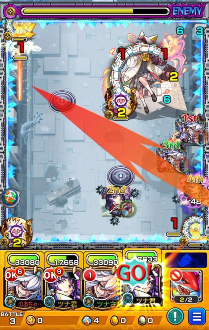 破界の星墓 ラブの星墓 ステージ3の3手目でリンネ編成を使用し、リンネのストライクショットで攻撃力アップを行いながら、かちリン処理と直殴り・友情コンボで中ボスにダメージを与える立ち回り解説
