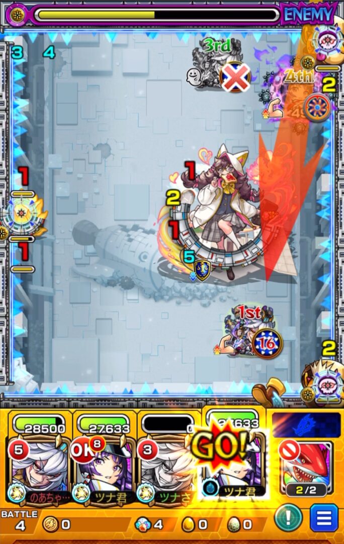 破界の星墓 ラブの星墓 ステージ4の6手目でリンネ編成を使用し、リンネのストライクショットを使って直殴りと友情コンボで中ボスを削りつつ、かちリン処理を行いステージ4を突破する立ち回り解説
