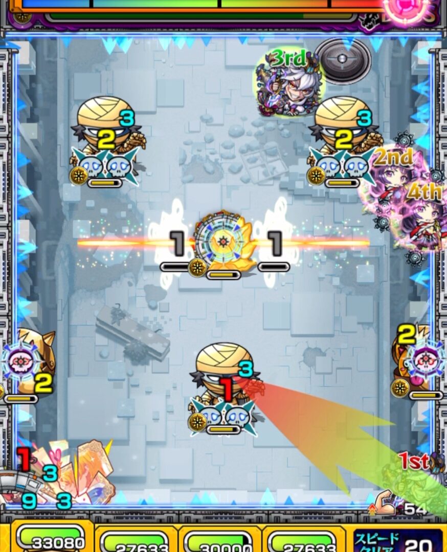 破界の星墓 ラブの星墓 ボス1の1手目でリンネ編成を使用し、相互蘇生するゾンビ3体に触れてリンネの友情コンボと直殴りで同時処理を行い、クロスドクロ効果でボスを左下に出現させる立ち回り解説
