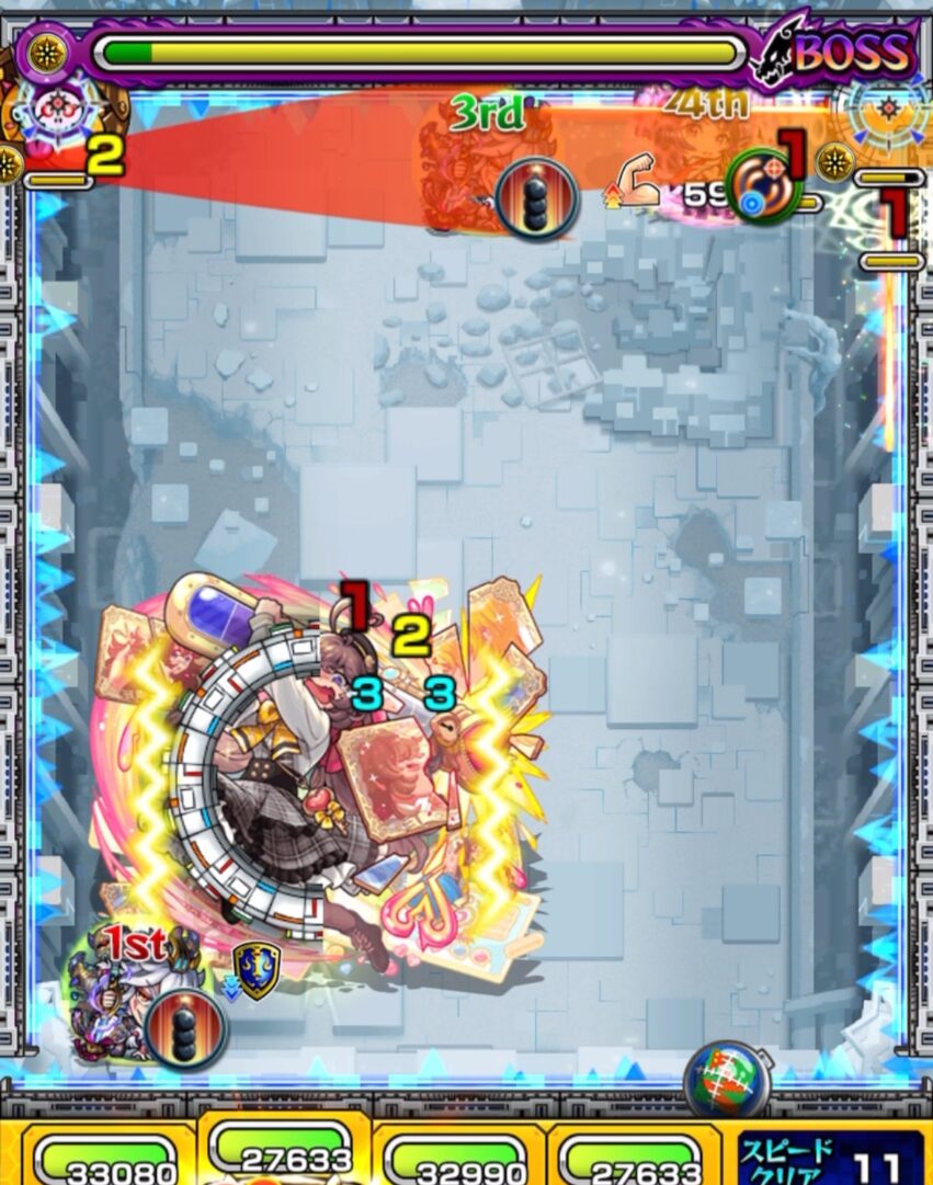 破界の星墓 ラブの星墓 ボス1の11手目でリンネ編成を使用し、かちリン処理とリンネの友情コンボを組み合わせてボスのHPを削る立ち回り解説
