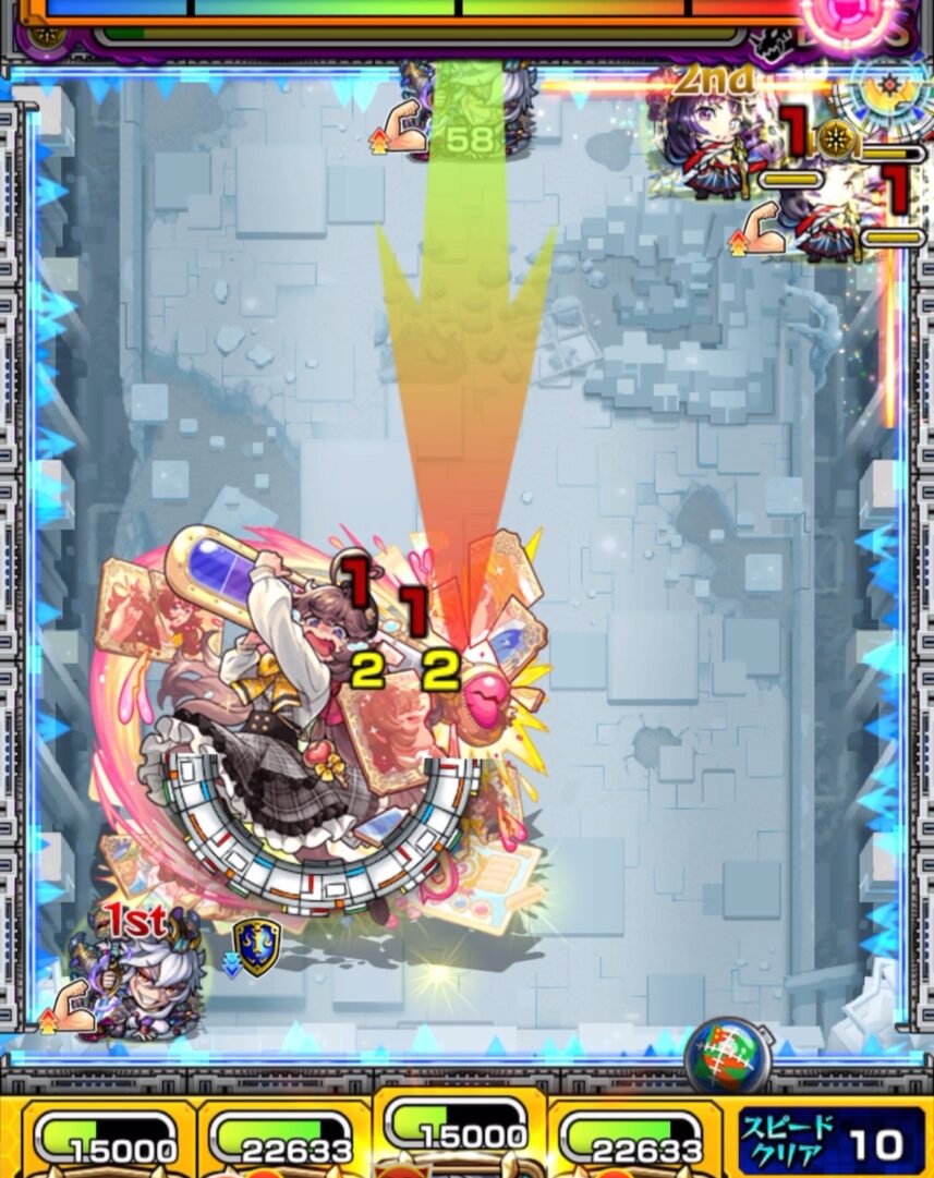 破界の星墓 ラブの星墓 ボス1の12手目でリンネ編成を使用し、ボスのHPが残りわずかな状況で上部と壁の間に挟まりダメージを与え、HPを削り切ってボス1を突破する立ち回り解説
