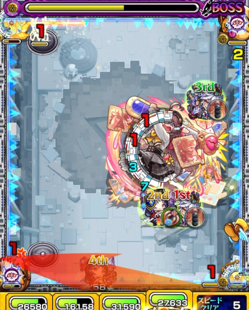 破界の星墓 ラブの星墓 ボス2の6手目でリンネ編成を使用し、減速壁により行動が制限される状況で無理に攻めず、かちリンを処理して回復を優先する立ち回り解説
