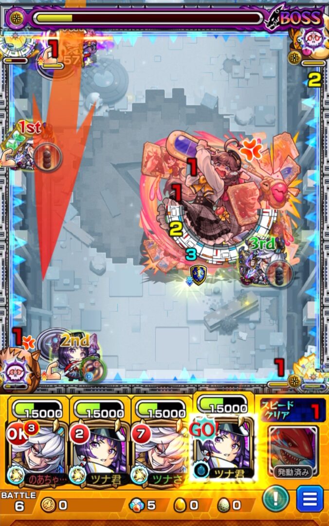 破界の星墓 ラブの星墓 ボス2の10手目でリンネ編成を使用し、ボスHP残りわずかな状況からリンネのストライクショットを発動。かちリン処理と同時にボスへ大ダメージを与え、HPを削り切って撃破する立ち回り解説
